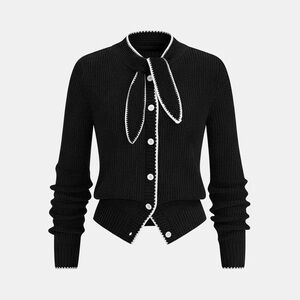 Commense Tie Neck Contrast Trim Wool Blend Cardigan